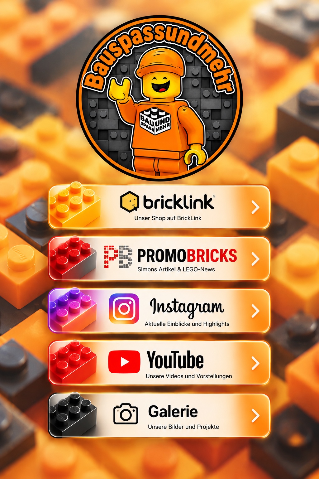 Bauspassundmehr mit fünf Navigationsfeldern: BrickLink, PROMOBRICKS, Instagram, YouTube und Galerie